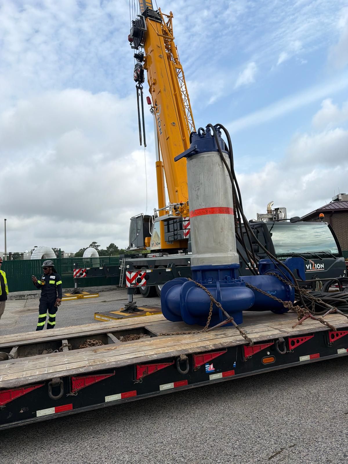 Industrial pump secured on a trailer deck